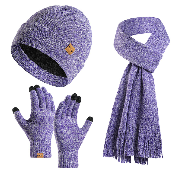 Fleece Knitted Hat, Scarf and Gloves Three-piece Warm Wool Set